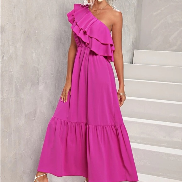 Boho pink ruffle hem one  shoulder ruffle dress - Picture 4 of 6